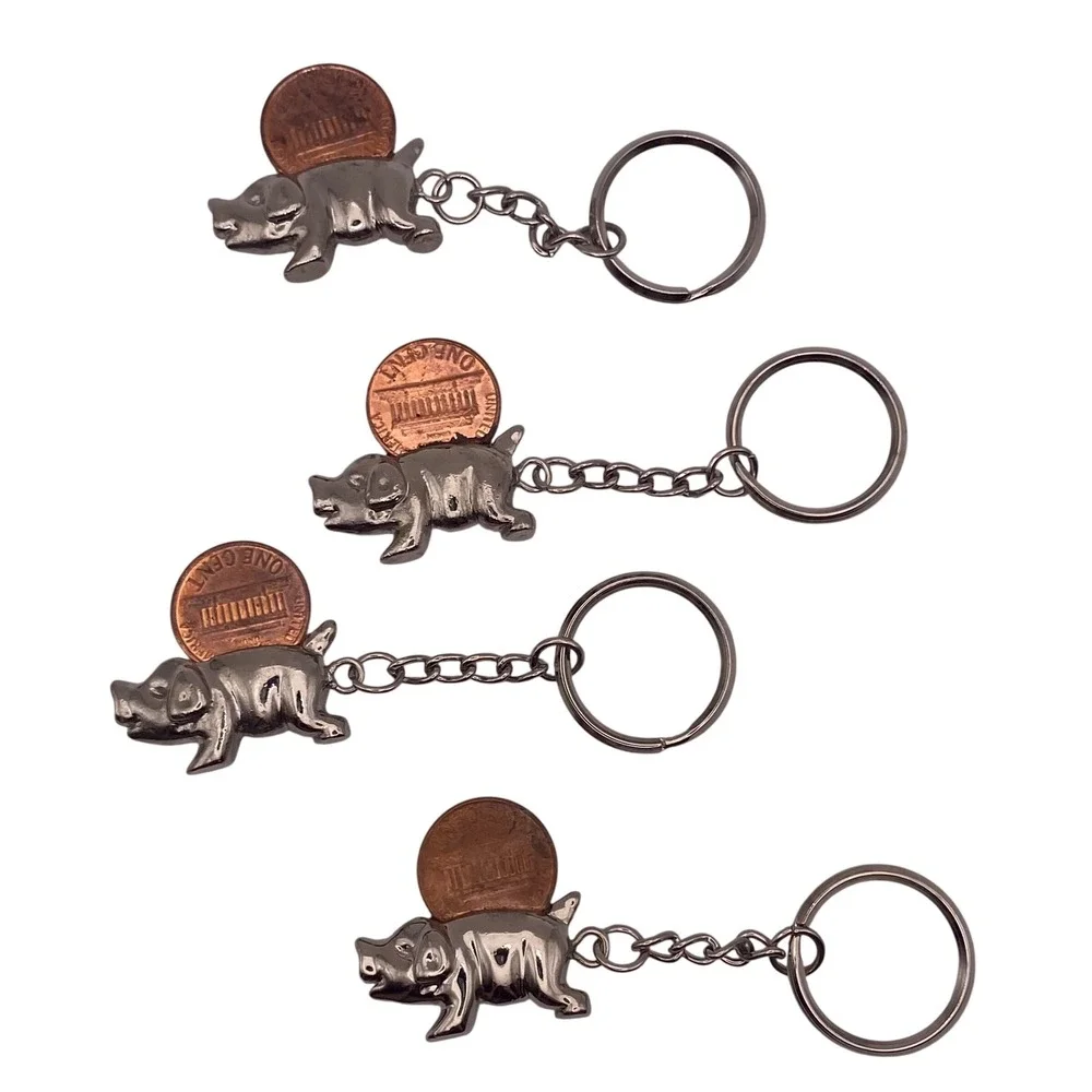 Vintage Style Silver Tone Pig Keychain Set of 4 with Lucky Penny Slot Novelty